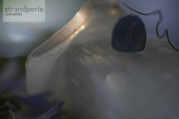 A close-up image of a translucent  silky fabric with a smooth blue stone resting on it  surrounded by soft violet petals in a gentle  blurred background.