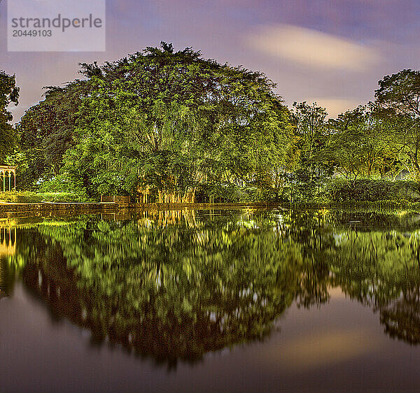 Twilight scenery of a tranquil lake reflecting lush green trees under a pastel-colored sky.