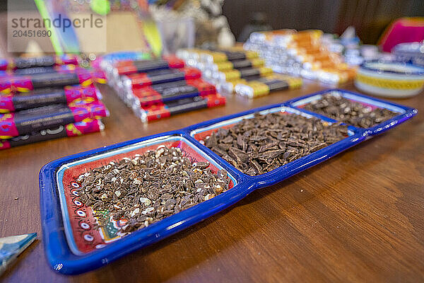 View of Mexican chocolate tasting dishes  Hotel Zone  Cancun  Caribbean Coast  Yucatan Peninsula  Mexico  North America