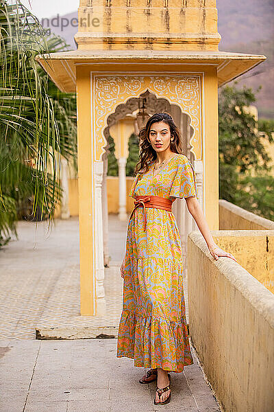 Woman at lookout point  Jaipur  Rajasthan  India  Asia