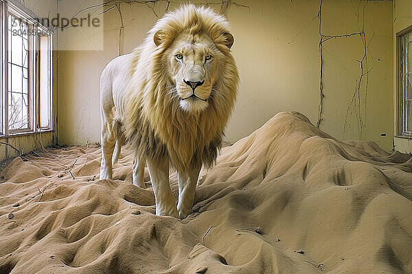 AI generated image of male Lion in an abandoned house in a desert ghost town  Namibia  Africa