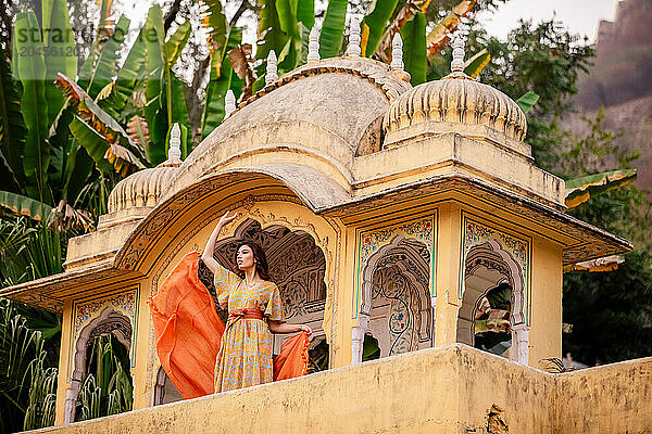 Woman at lookout point  Jaipur  Rajasthan  India  Asia