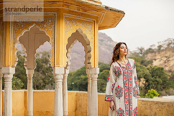 Woman at lookout point  Jaipur  Rajasthan  India  Asia