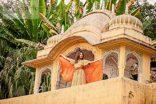 Woman at lookout point  Jaipur  Rajasthan  India  Asia