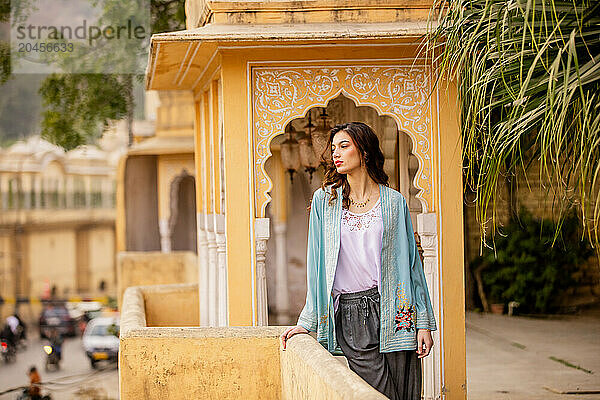 Woman at lookout point  Jaipur  Rajasthan  India  Asia