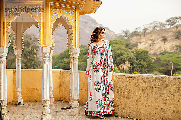 Woman at lookout point  Jaipur  Rajasthan  India  Asia