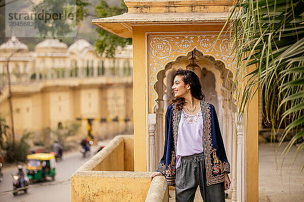 Woman at lookout point  Jaipur  Rajasthan  India  Asia