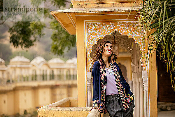 Woman at lookout point  Jaipur  Rajasthan  India  Asia