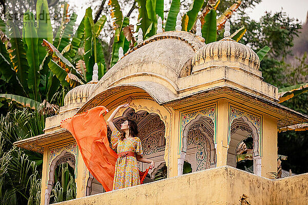 Woman at lookout point  Jaipur  Rajasthan  India  Asia