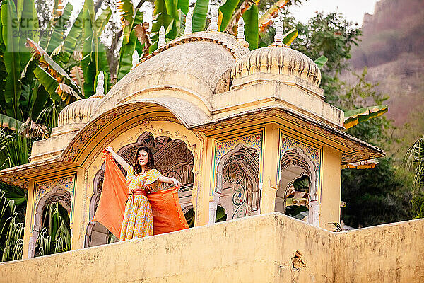 Woman at lookout point  Jaipur  Rajasthan  India  Asia