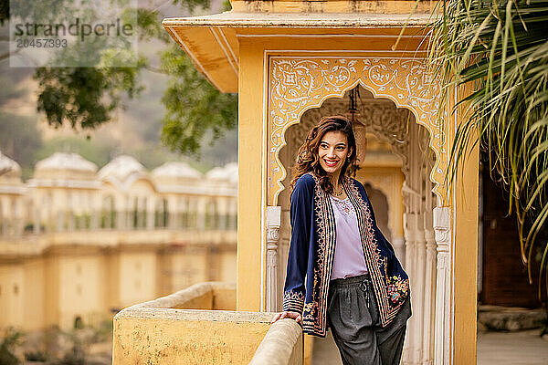 Woman at lookout point  Jaipur  Rajasthan  India  Asia