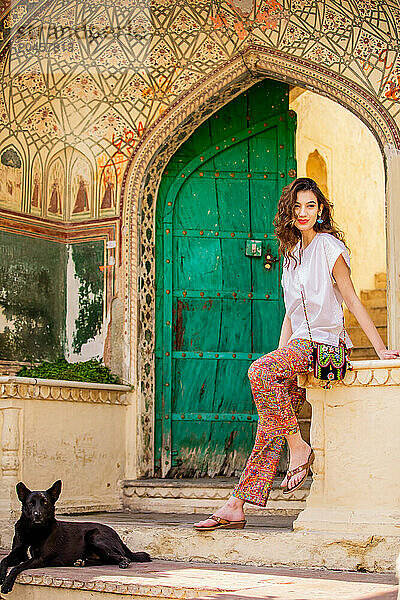 Woman with dog in Jaipur  Rajasthan  India  Asia