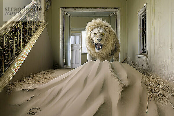 AI generated image of a male Lion in an abandoned house in a desert ghost town  Namibia  Africa