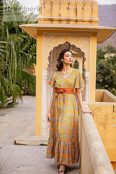 Woman at lookout point  Jaipur  Rajasthan  India  Asia