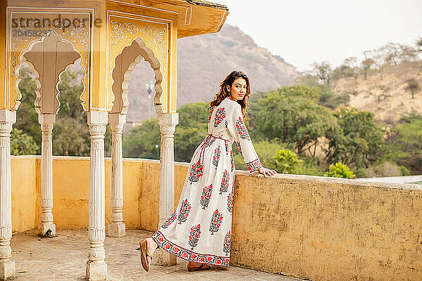 Woman at lookout point  Jaipur  Rajasthan  India  Asia