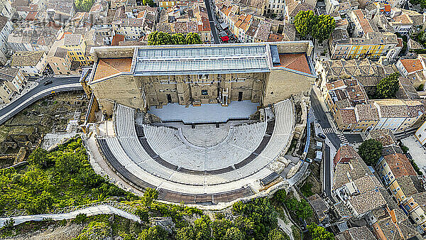 Aerial of the Roman Amphitheatre  UNESCO World Heritage Site  Orange  Vaucluse  Provence-Alpes-Cote d'Azur  France  Europe