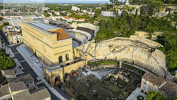 Aerial of the Roman Amphitheatre  UNESCO World Heritage Site  Orange  Vaucluse  Provence-Alpes-Cote d'Azur  France  Europe