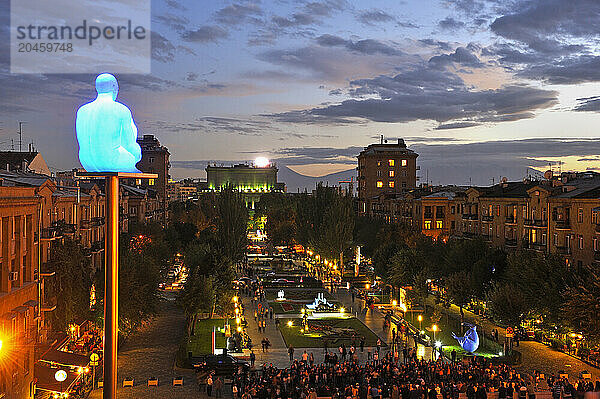 Night view of the Tamanyan from the monumental stairway and garden Cascade with a work by Jaume Plensa in the foreground  Yerevan  Armenia  Eurasia