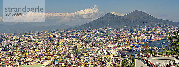 Elevated view from Castel Sant'Elmo of Naples and Mount Vesuvius in the background  Naples  Campania  Italy  Europe