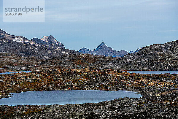 Glacial mountains with melt water lakes  Sognefjellet Mountain Pass  Jotunheimen National Park  Norway  Scandinavia  Europe