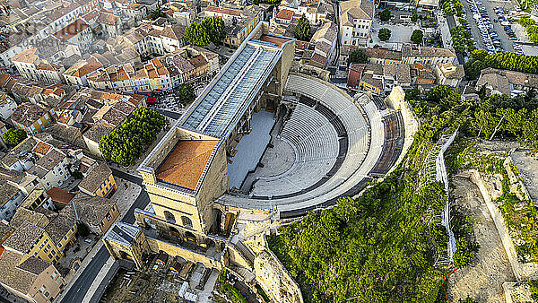 Aerial of the Roman Amphitheatre  UNESCO World Heritage Site  Orange  Vaucluse  Provence-Alpes-Cote d'Azur  France  Europe