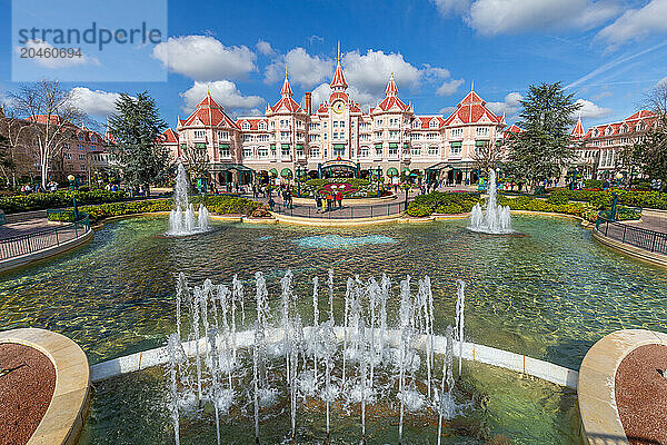 Water feature and entrance to Euro Disneyland Disneyland Hotel  Paris  France  Europe