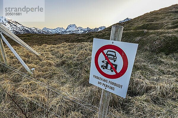 Camping and parking prohibited  prohibition sign  Moskenesoya  Lofoten  Norway  Europe