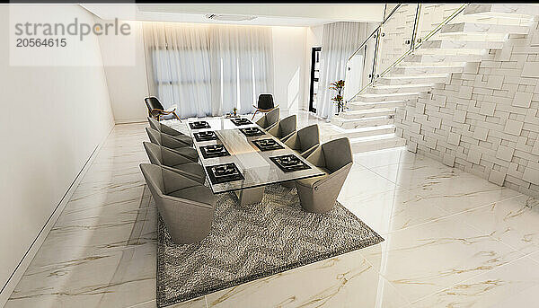 Dining table with marble flooring in modern home