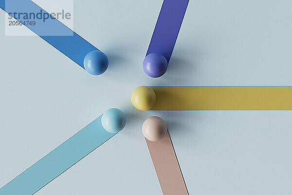 3D render of colorful bars with spheres over blue background