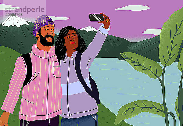 Happy couple taking selfie through smart phone near river