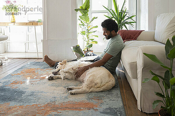 Freelancer stroking dog sitting on carpet in living room at home