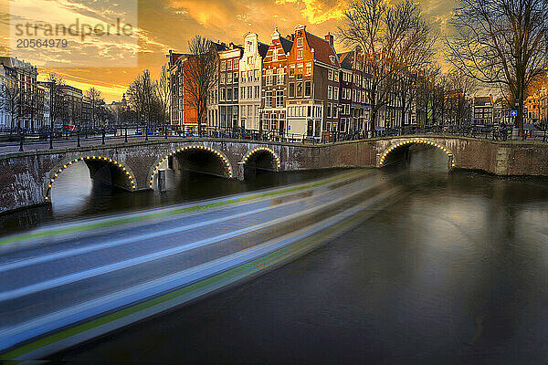 Long exposure of canals in Amsterdam at sunset