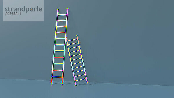 Colorful ladders leaning on blue background