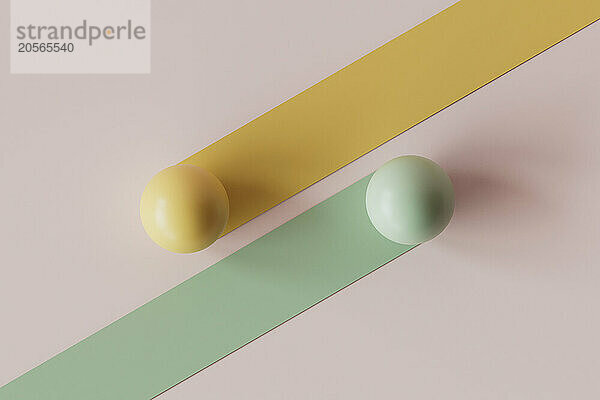 3D render of yellow and green bars with spheres on pink background