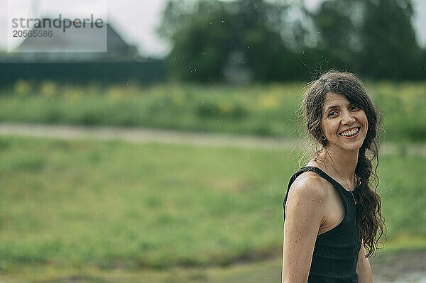 Happy mature woman with long hair