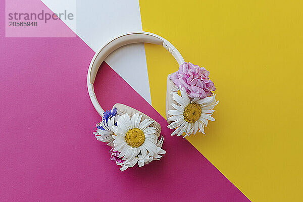 Headphones decorated with flower heads