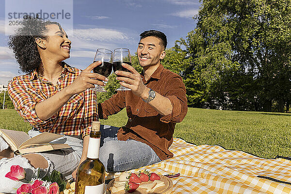 Cheerful multiracial couple toasting wineglasses at park