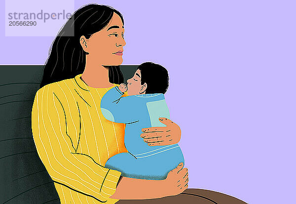 Mother holding baby and sitting on chair against purple background