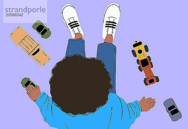 Illustration of curly hair child playing with toy cars on purple background