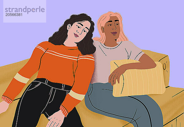 Woman leaning on friend and sitting on sofa against purple background