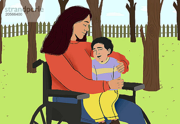 Mother with physical disability sitting on wheelchair with son in garden