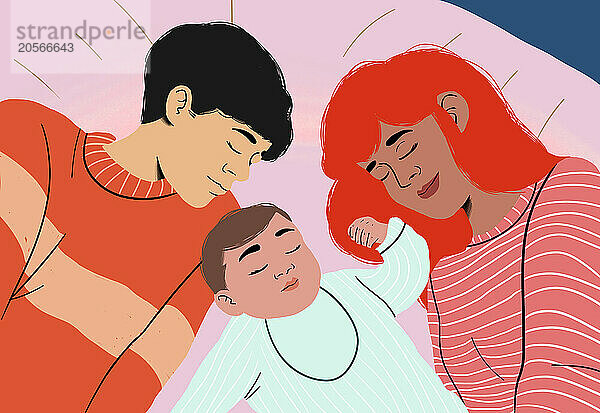 Baby sleeping with parents on bed