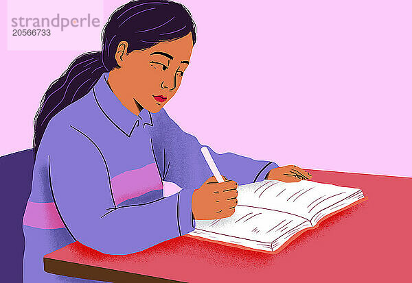 Girl writing in book sitting near table against pink background