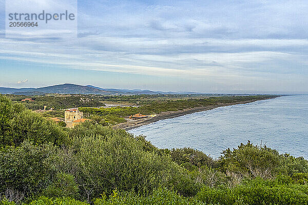 Argentario sea near trees under cloudy sky at Maremma  Tuscany  Italy