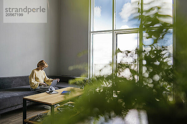 Businesswoman working on laptop in living room