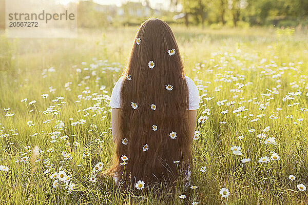 Woman with chamomile flowers on hair sitting in field