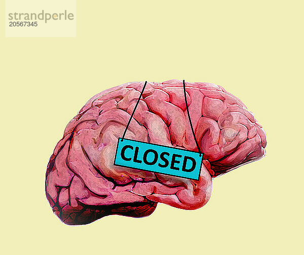 Illustration of brain with closed sign against yellow background