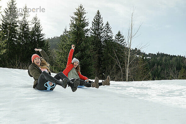 Carefree friends enjoying sledding on snow hill