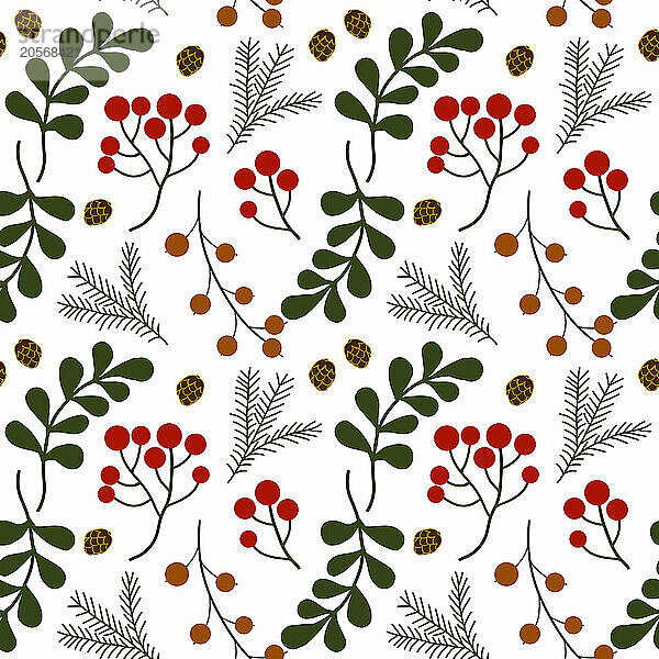 Seamless pattern of various twigs and berries