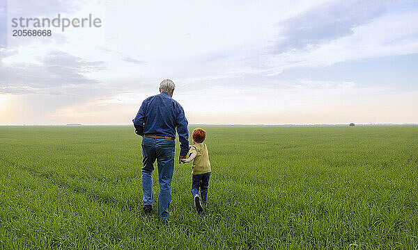 Grandson and grandfather walking on grass